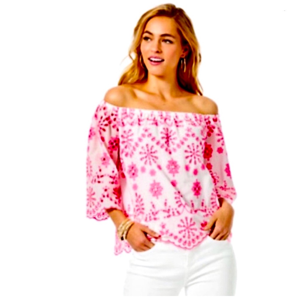 Lilly Pulitzer Laurence Pink and White Off-The-Shoulder Eyelet Blouse